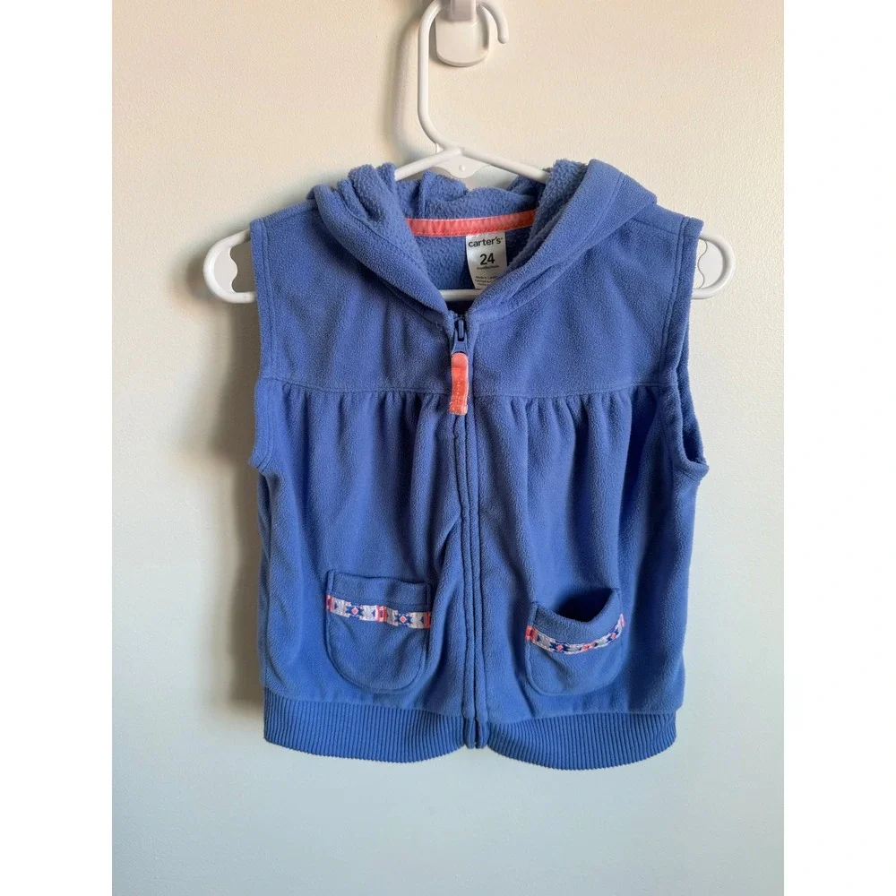 Carters Girls Blue Fleece Hooded Zip Up Sleeveless Jacket 24 Months